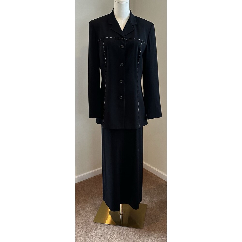 VTG Garfield & Marks Black Skirt Suit Womens 8 Contrast Stitch Career USA 2 Pc 8